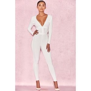 House of CB Arya White Plunge Neck Jumpsuit